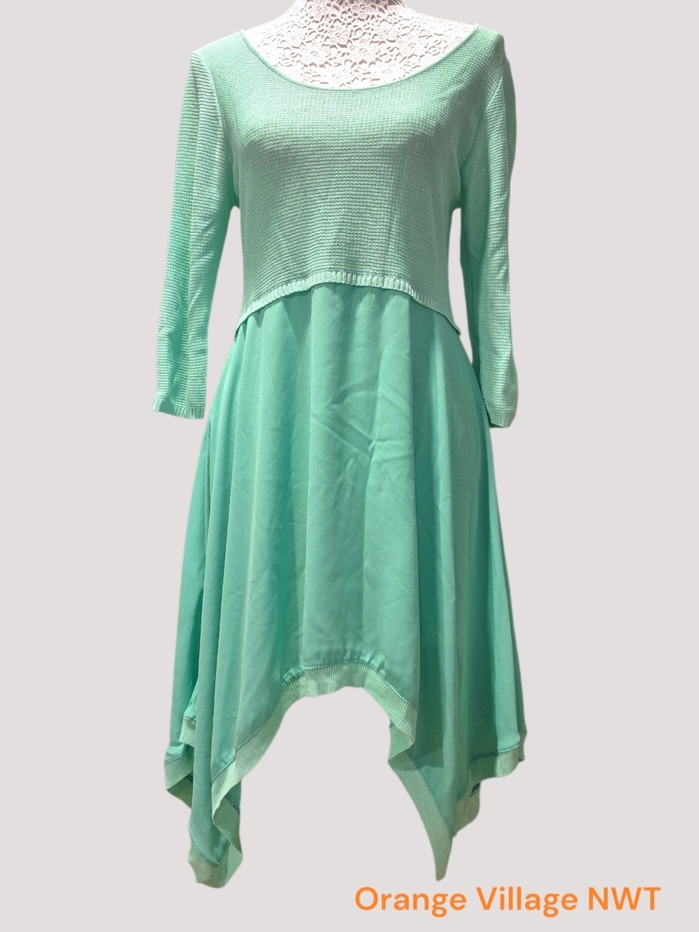 Mint Green Asymmetrical Handkerchief-Hem Dress/tunic Knit Bodice - NWT